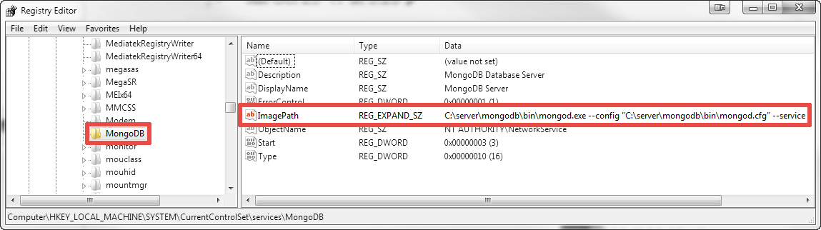 mongodb windows service name is invalid
