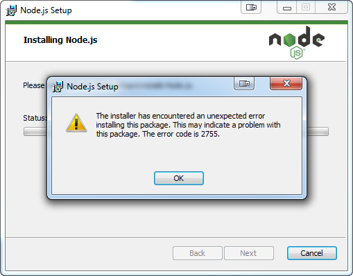 failed to node js windows file